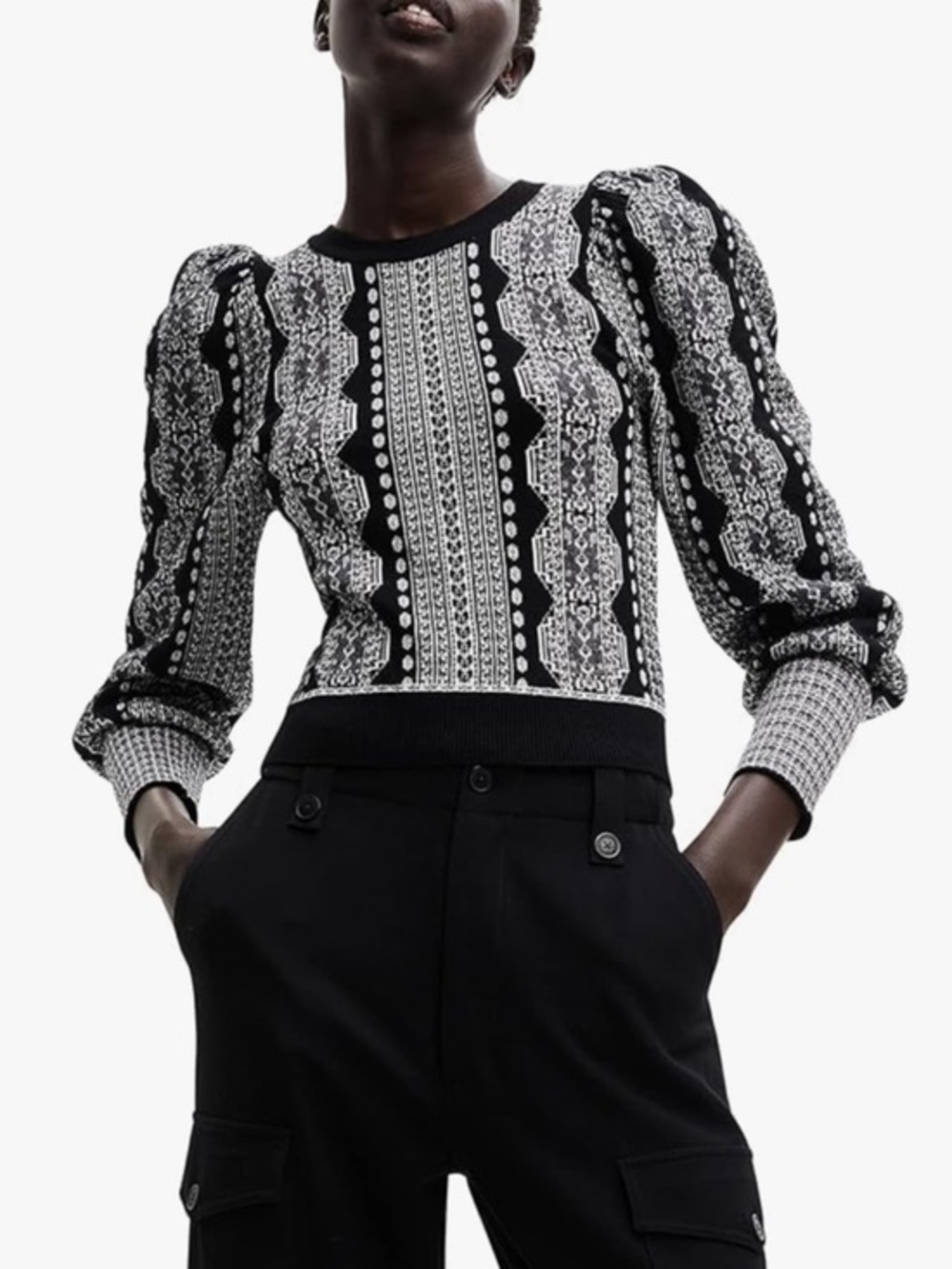 Desigual Black & White Knit Pattern Crewneck